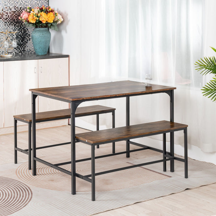 Ensemble table et bancs 3 pièces FurnitureR pour 4 personnes, style campagnard, marron.