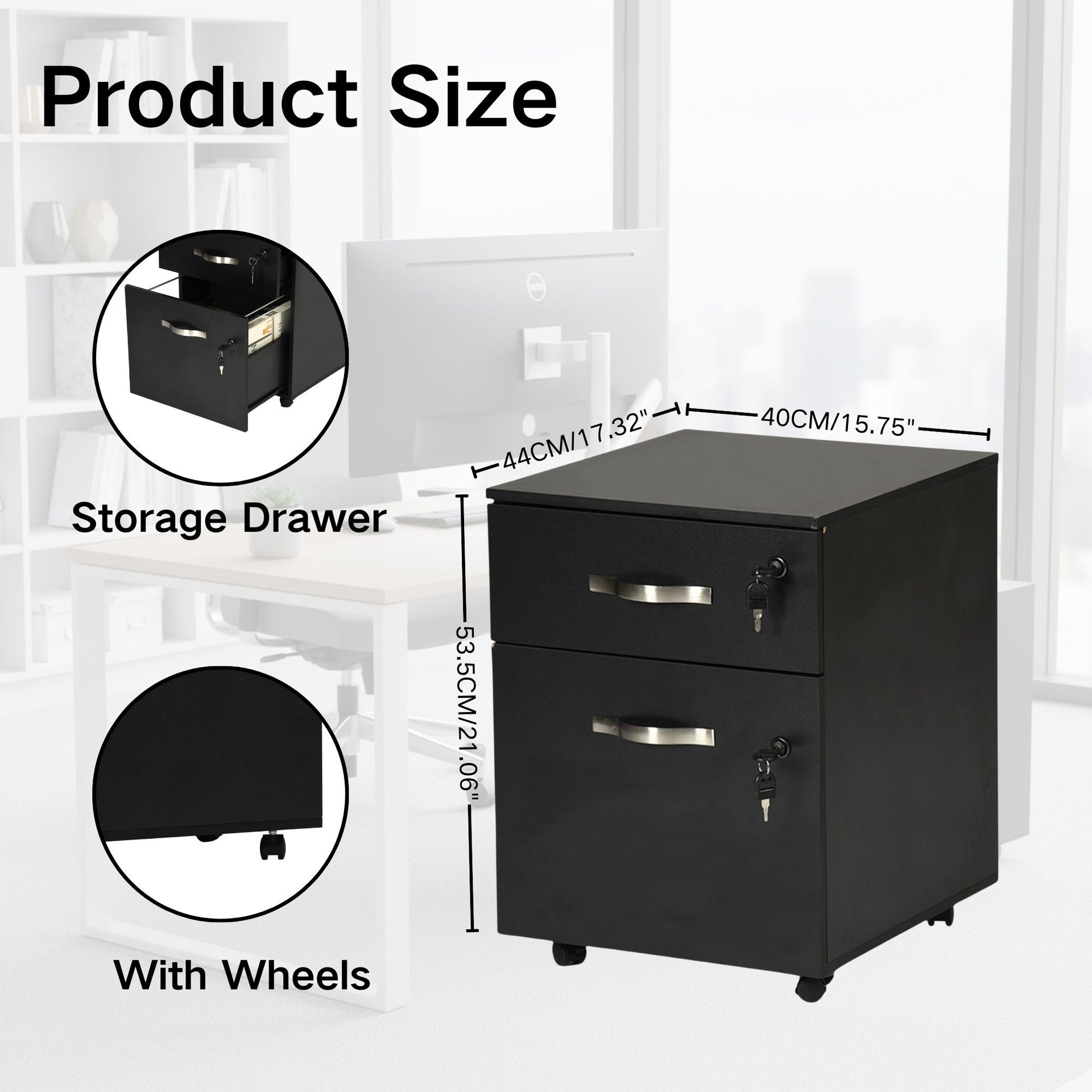 Classeur mobile FurnitureR avec serrure, classeur en bois à 2 tiroirs et roulettes, organisateur de rangement de bureau verrouillable pour dossiers de format A4/Lettre/Légal