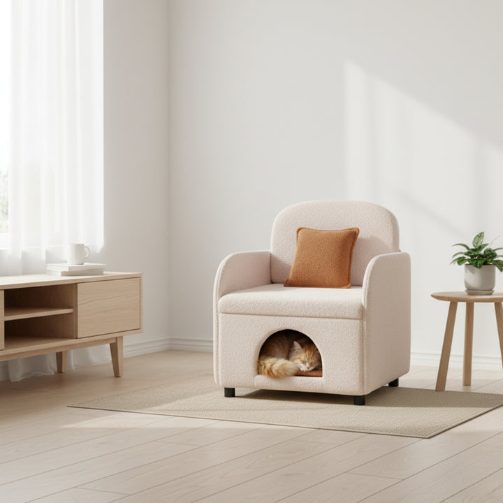 Fauteuil d'appoint FurnitureR moderne en peau de mouton retournée crème avec panier pour chat dissimulé, fauteuil lounge rembourré pour animaux de compagnie avec coussin marron chaud