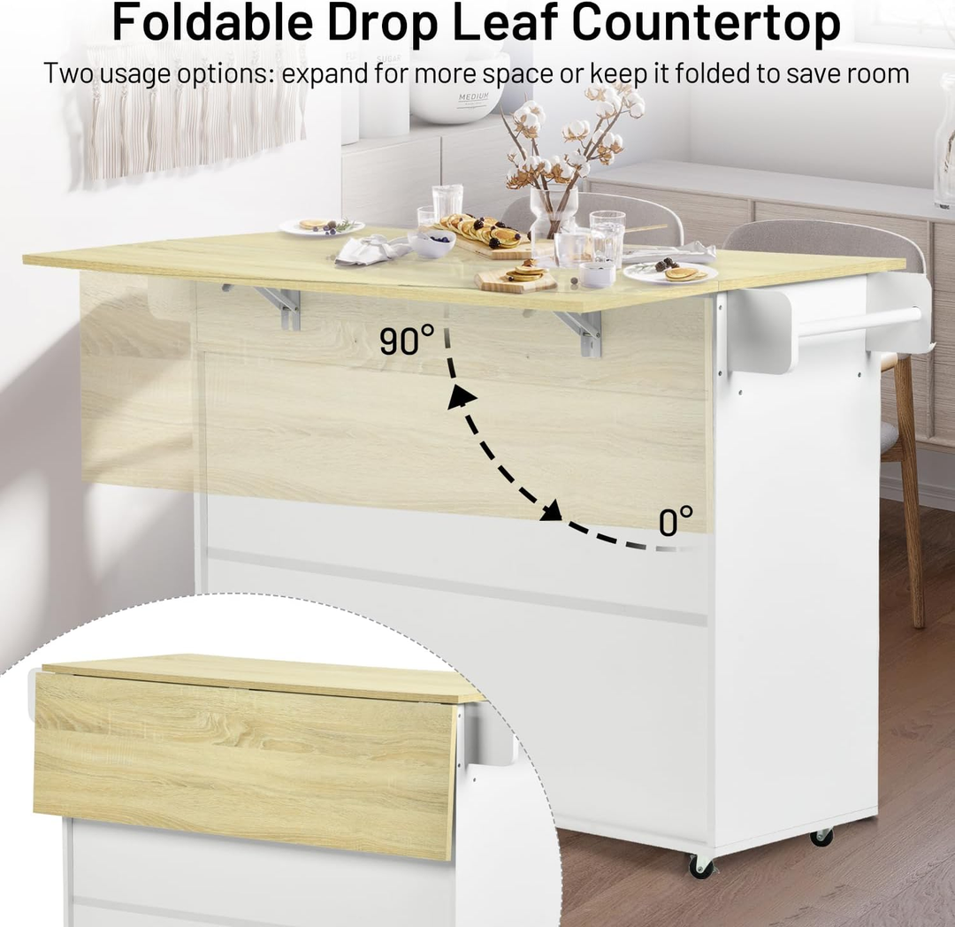 Chariot de cuisine mobile FurnitureR avec abattant rabattable, meuble de rangement de cuisine sur roulettes de 115 cm de large, table de préparation roulante gain de place, blanc