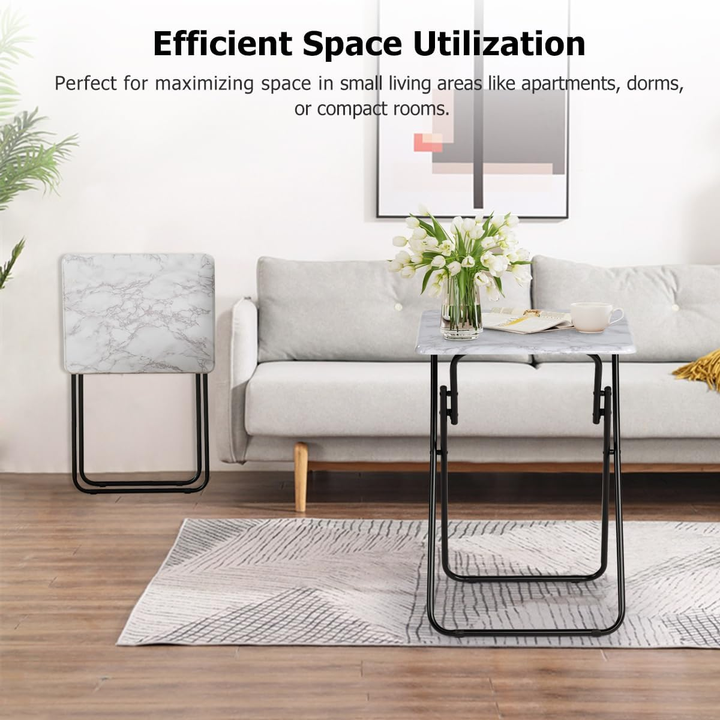 Tables d'appoint pliantes FurnitureR pour téléviseur, plateaux repas pliables, finition marbre, pour lit, canapé, gain de place, lot de 2, blanc 