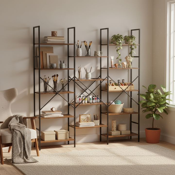 FurnitureR Bookshelf 5-Tier Triple-Column, Bookcase with 14 Open Display Shelves, Rustic Industrial Style Book Shelves, Wide Book Case, Rustic Brown