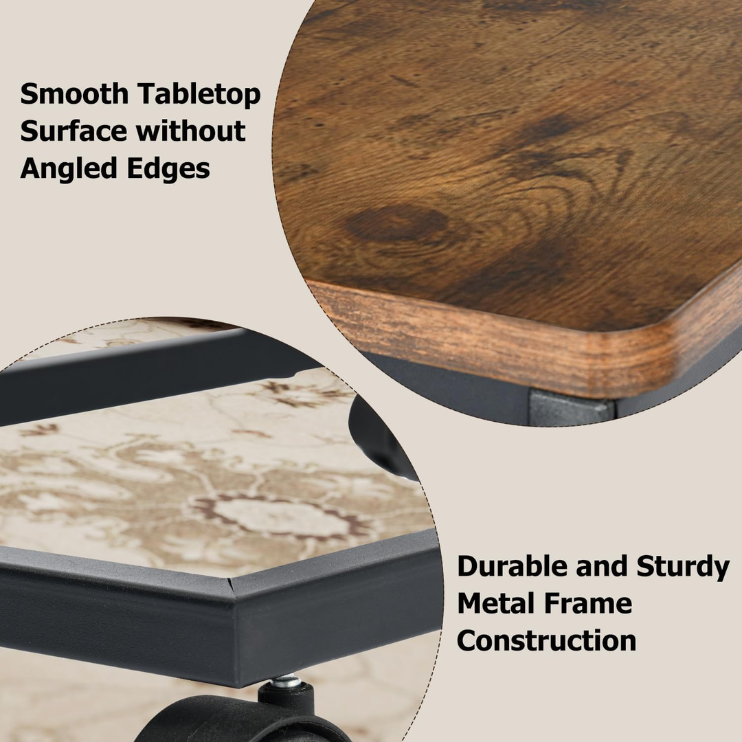 FurnitureR Beistelltisch C-förmig, Snacktisch mit Rollen für Sofa, Couch und Bett, tragbar, einfache Montage, Metallgestell, rustikales Braun