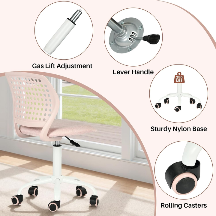 Chaise de bureau sans accoudoirs FurnitureR avec roulettes, compacte, pivotante et réglable en hauteur, idéale pour étudier ou travailler sur ordinateur. Dossier respirant, rose.