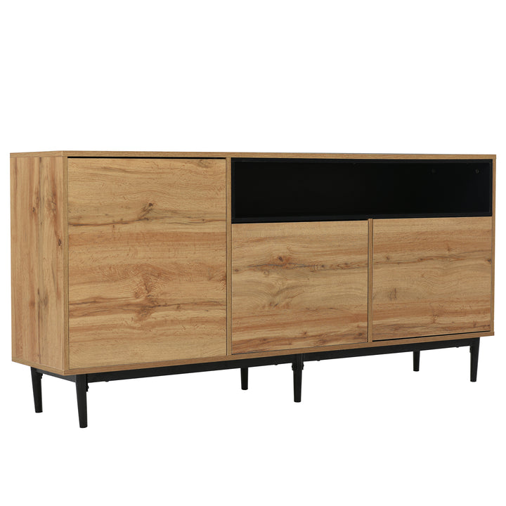Moderner Holz-Sideboard mit 3 Türen und verstellbaren Regalen – Naturholz & Schwarz, 160x35x76 cm
