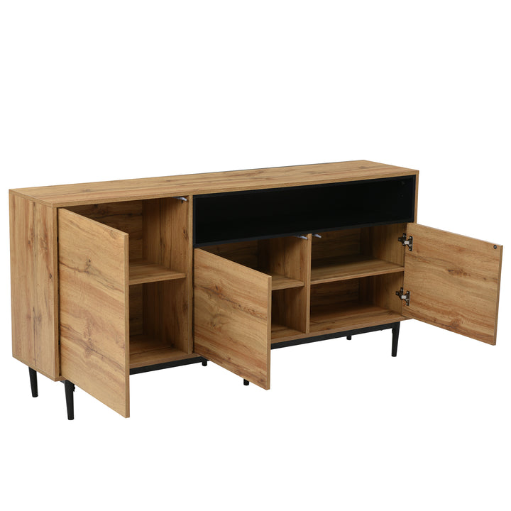 Moderner Holz-Sideboard mit 3 Türen und verstellbaren Regalen – Naturholz & Schwarz, 160x35x76 cm