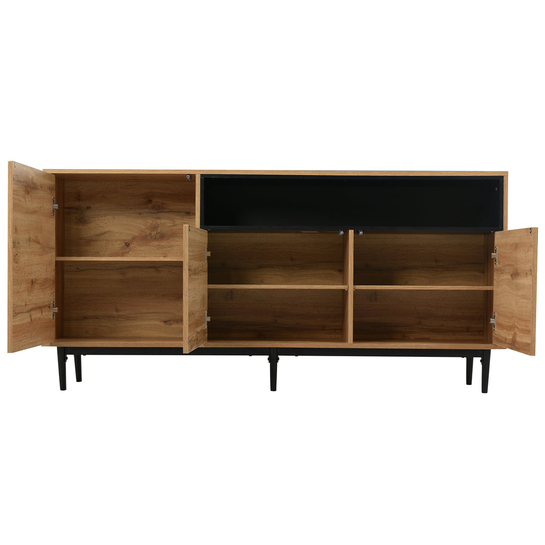 Moderner Holz-Sideboard mit 3 Türen und verstellbaren Regalen – Naturholz & Schwarz, 160x35x76 cm