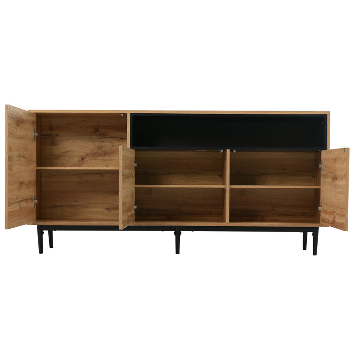 Moderner Holz-Sideboard mit 3 Türen und verstellbaren Regalen – Naturholz & Schwarz, 160x35x76 cm