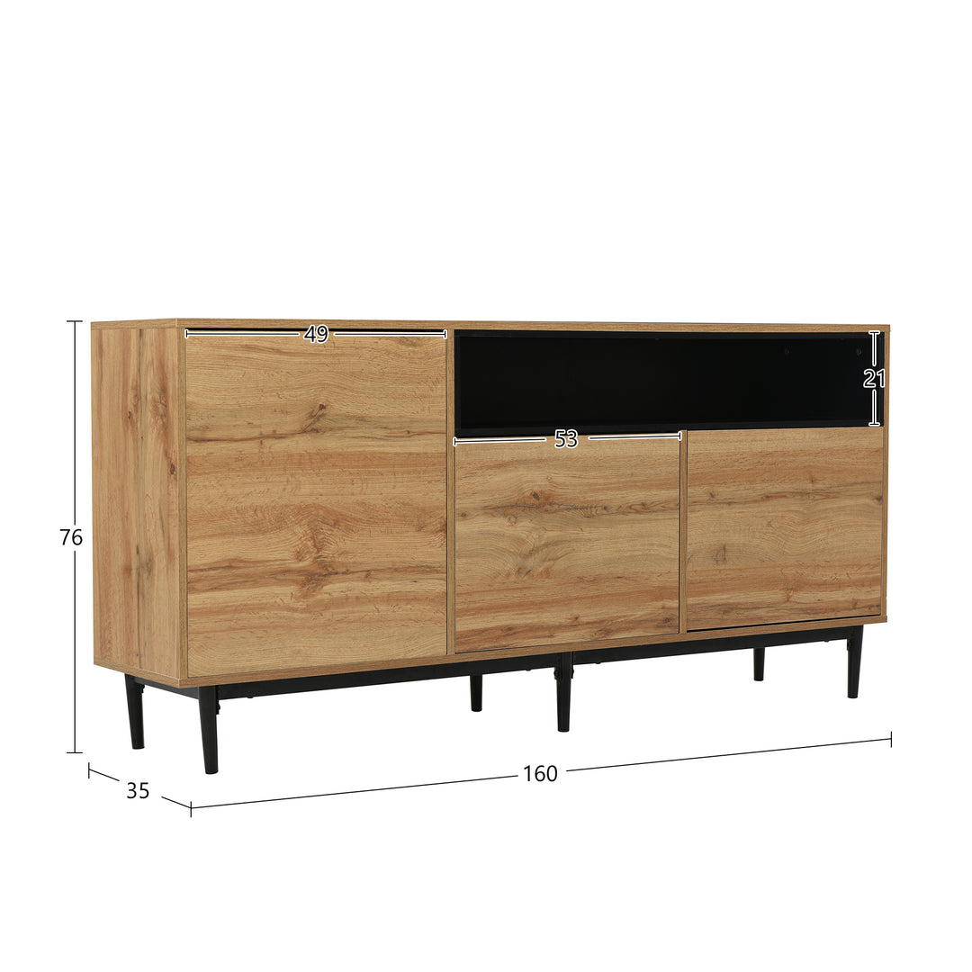 Moderner Holz-Sideboard mit 3 Türen und verstellbaren Regalen – Naturholz & Schwarz, 160x35x76 cm