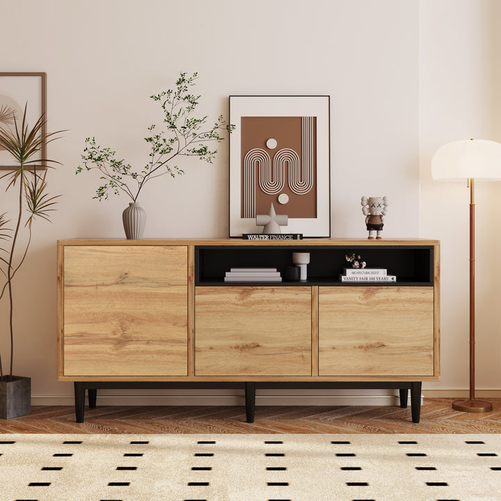 Moderner Holz-Sideboard mit 3 Türen und verstellbaren Regalen – Naturholz & Schwarz, 160x35x76 cm