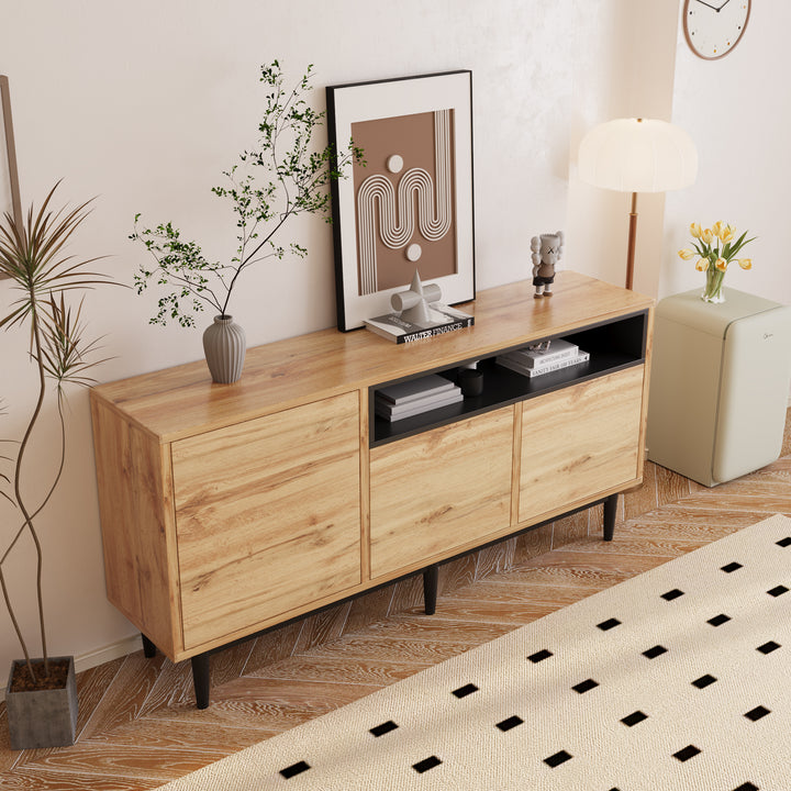 Moderner Holz-Sideboard mit 3 Türen und verstellbaren Regalen – Naturholz & Schwarz, 160x35x76 cm