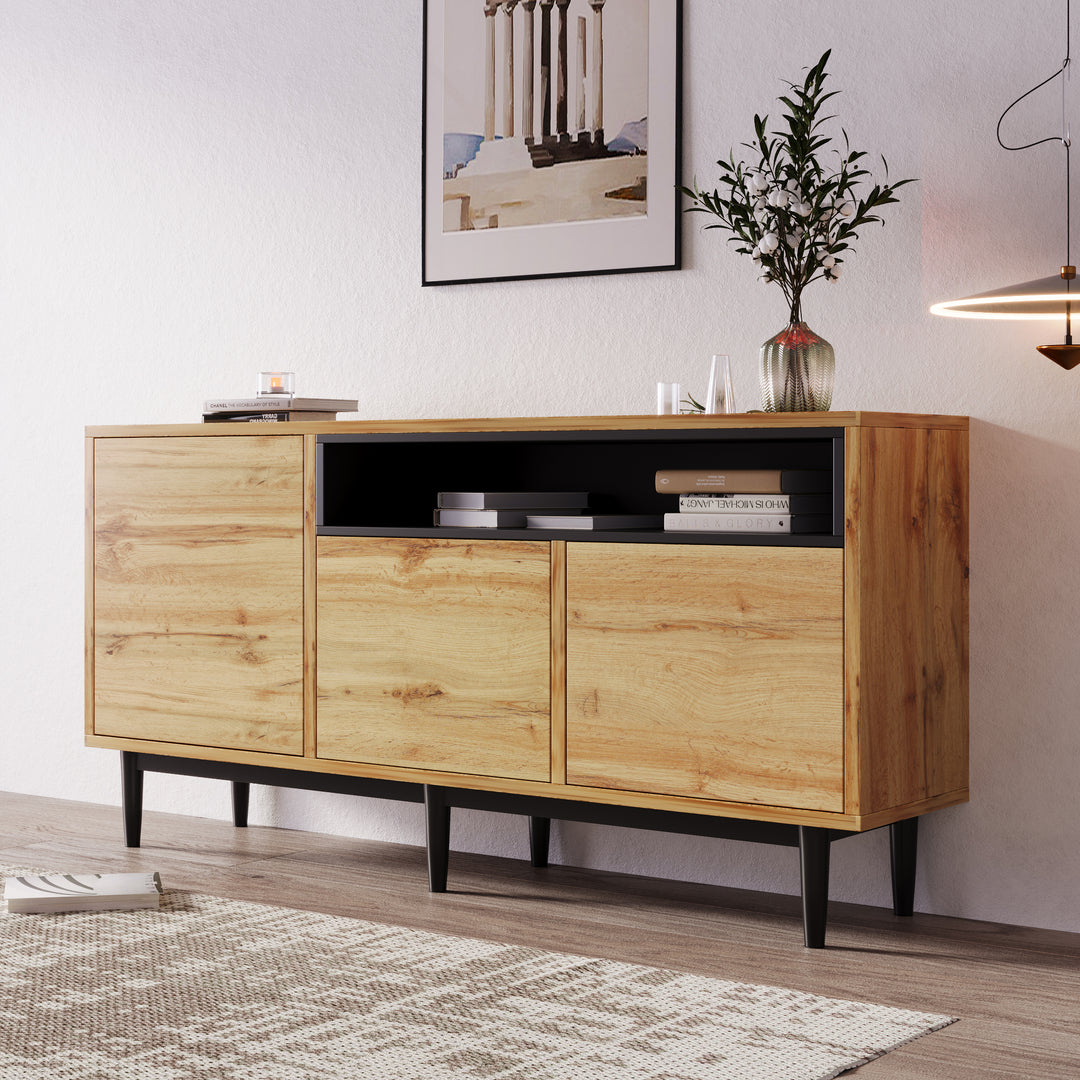 Moderner Holz-Sideboard mit 3 Türen und verstellbaren Regalen – Naturholz & Schwarz, 160x35x76 cm