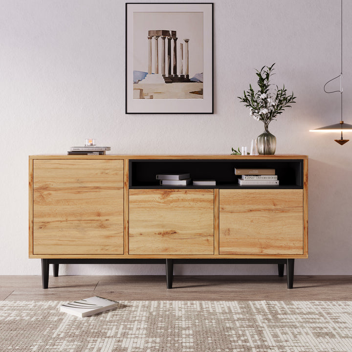 Moderner Holz-Sideboard mit 3 Türen und verstellbaren Regalen – Naturholz & Schwarz, 160x35x76 cm