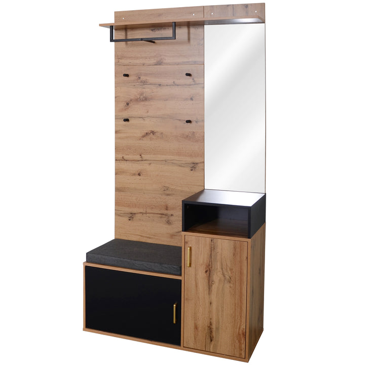 Hallway Coat Rack Set with Mirror, Shoe Cabinet, Wall Hooks, Storage Shelf, and Bench – Black & Wood Finish