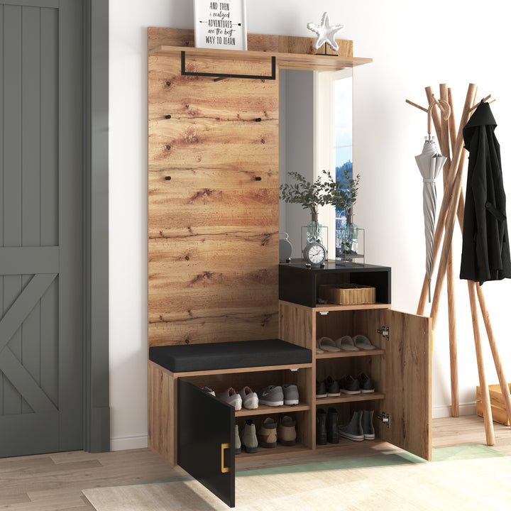 Hallway Coat Rack Set with Mirror, Shoe Cabinet, Wall Hooks, Storage Shelf, and Bench – Black & Wood Finish