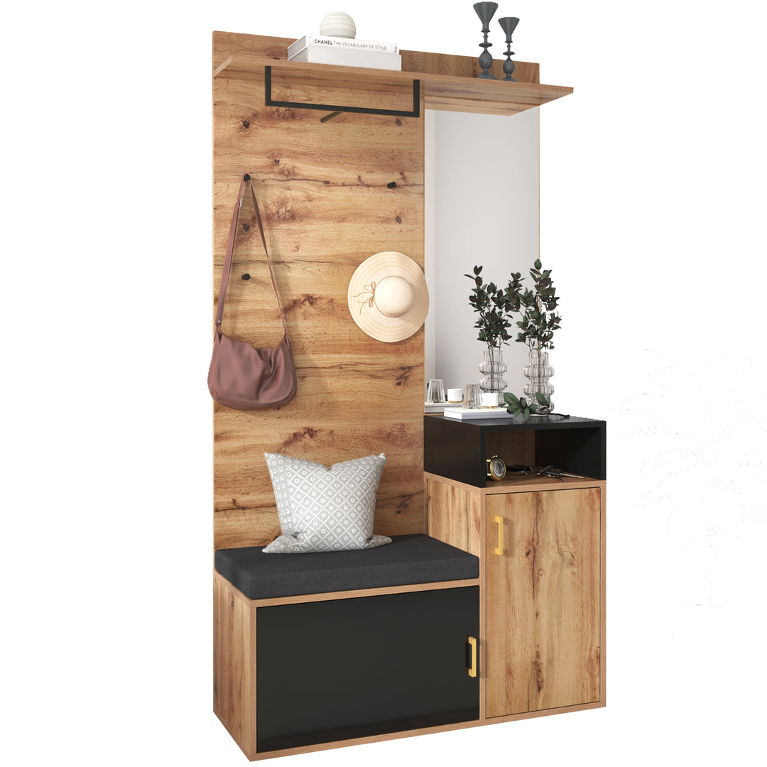 Hallway Coat Rack Set with Mirror, Shoe Cabinet, Wall Hooks, Storage Shelf, and Bench – Black & Wood Finish