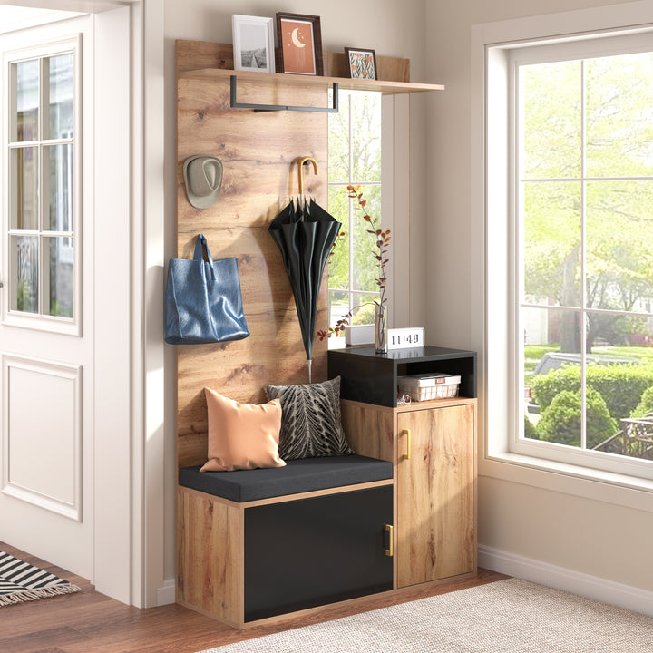 Hallway Coat Rack Set with Mirror, Shoe Cabinet, Wall Hooks, Storage Shelf, and Bench – Black & Wood Finish