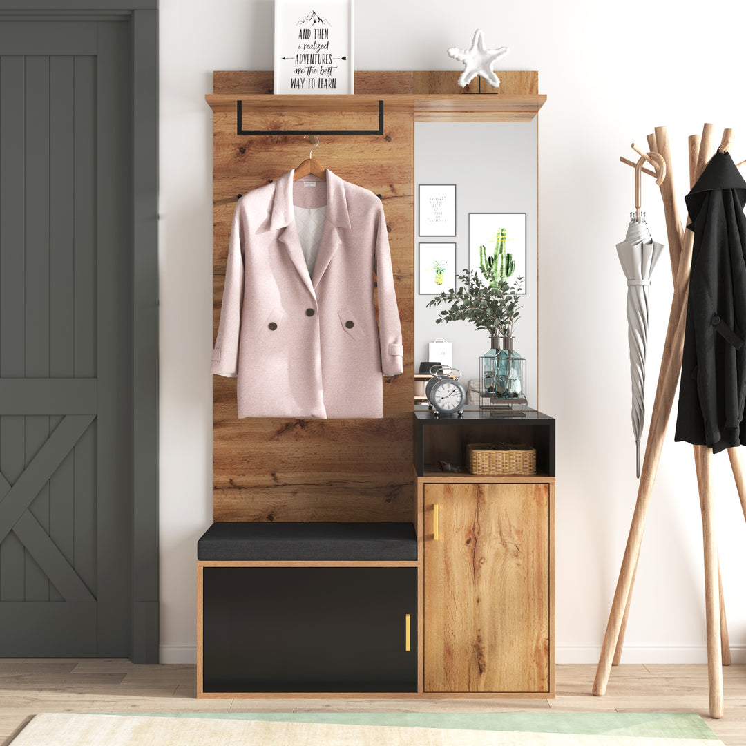 Hallway Coat Rack Set with Mirror, Shoe Cabinet, Wall Hooks, Storage Shelf, and Bench – Black & Wood Finish