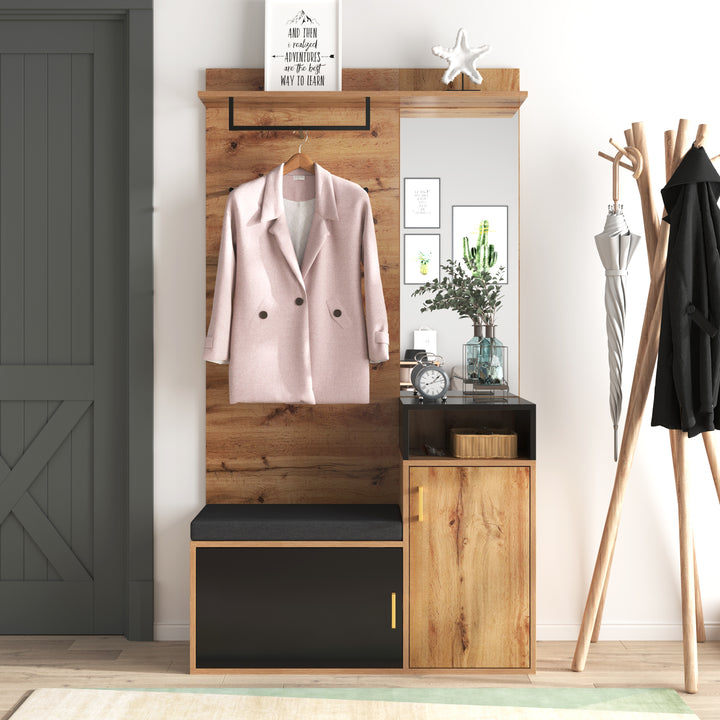 Hallway Coat Rack Set with Mirror, Shoe Cabinet, Wall Hooks, Storage Shelf, and Bench – Black & Wood Finish