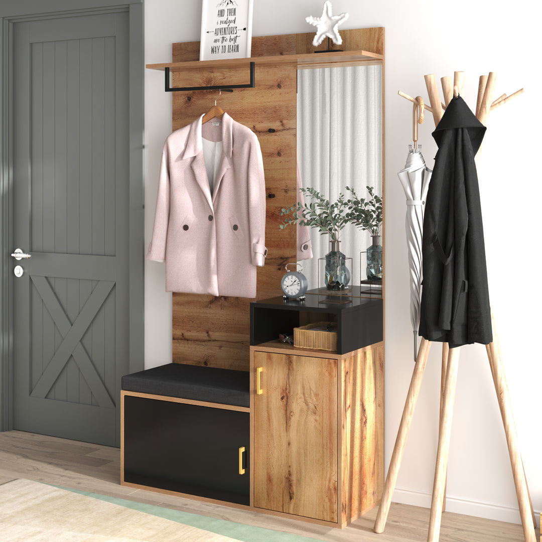Hallway Coat Rack Set with Mirror, Shoe Cabinet, Wall Hooks, Storage Shelf, and Bench – Black & Wood Finish