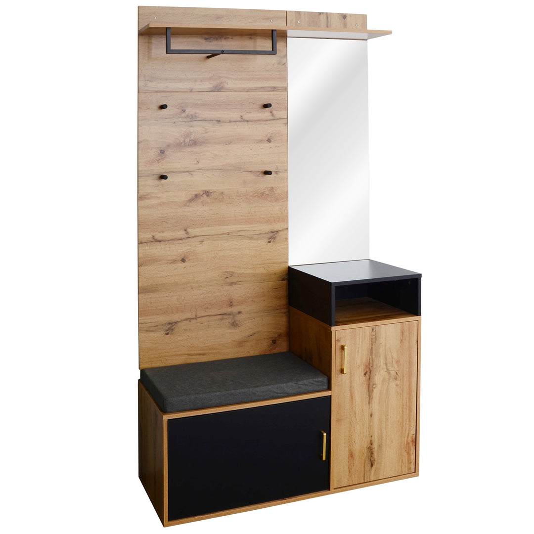 Hallway Coat Rack Set with Mirror, Shoe Cabinet, Wall Hooks, Storage Shelf, and Bench – Black & Wood Finish