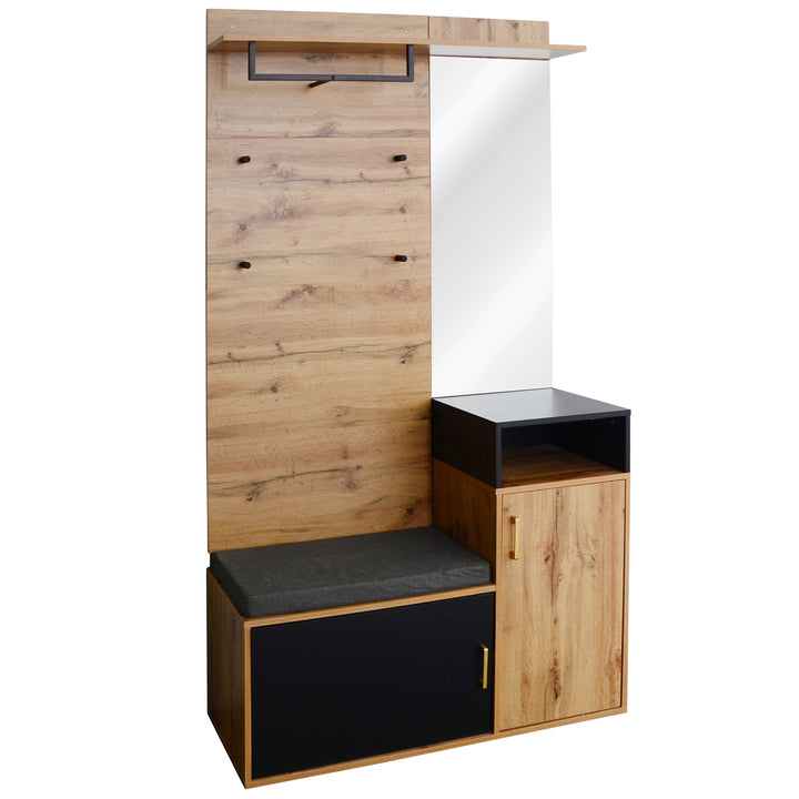 Hallway Coat Rack Set with Mirror, Shoe Cabinet, Wall Hooks, Storage Shelf, and Bench – Black & Wood Finish