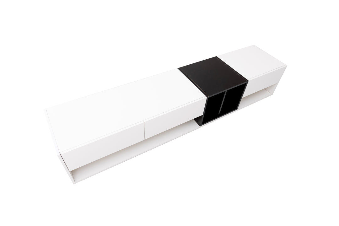 Moderner Hochglanz-TV-Schrank in Schwarz-Weiß mit Schubladen und offenen Fächern