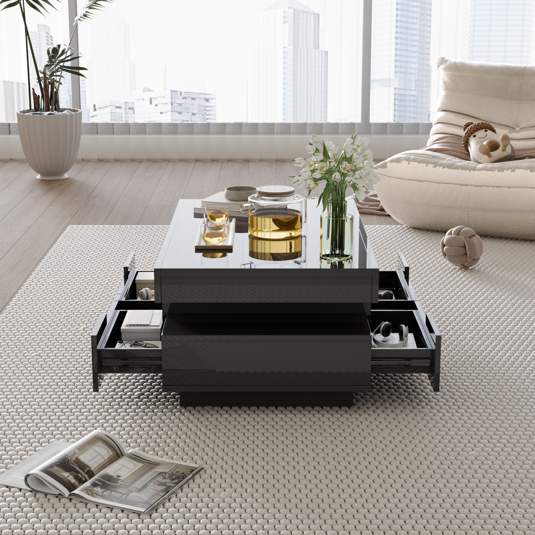 Couchtisch, Hochglanzoberfläche, mit LED-Lichtleiste, vier Schubladen vorne und hinten, großer Stauraum