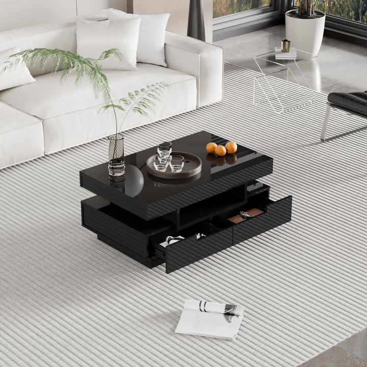 Couchtisch, Hochglanzoberfläche, mit LED-Lichtleiste, vier Schubladen vorne und hinten, großer Stauraum