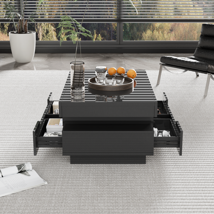 Couchtisch, Hochglanzoberfläche, mit LED-Lichtleiste, vier Schubladen vorne und hinten, großer Stauraum