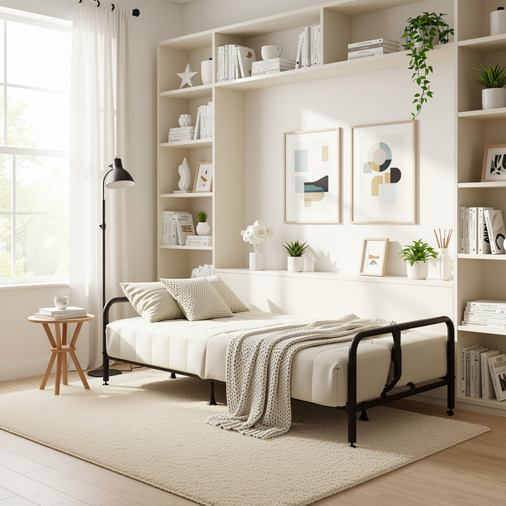 FurnitureR Convertible Folding Sofa Bed with Metal Armrests, Dual-Mode Reclining Backrest, Modern Sleeper Couch for Living Room, Guest Room, Apartment