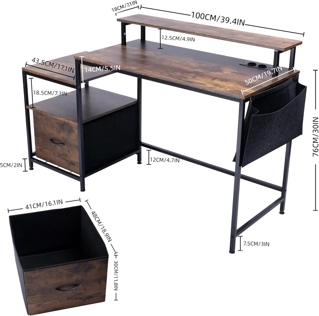 Bureau informatique industriel FurnitureR, avec éclairage LED intégré, poste de travail comprenant 1 porte-documents noir non tissé et 1 tiroir, 2 prises de courant + 2 ports USB, rangements et gestion des câbles inclus, L 143,5 cm 