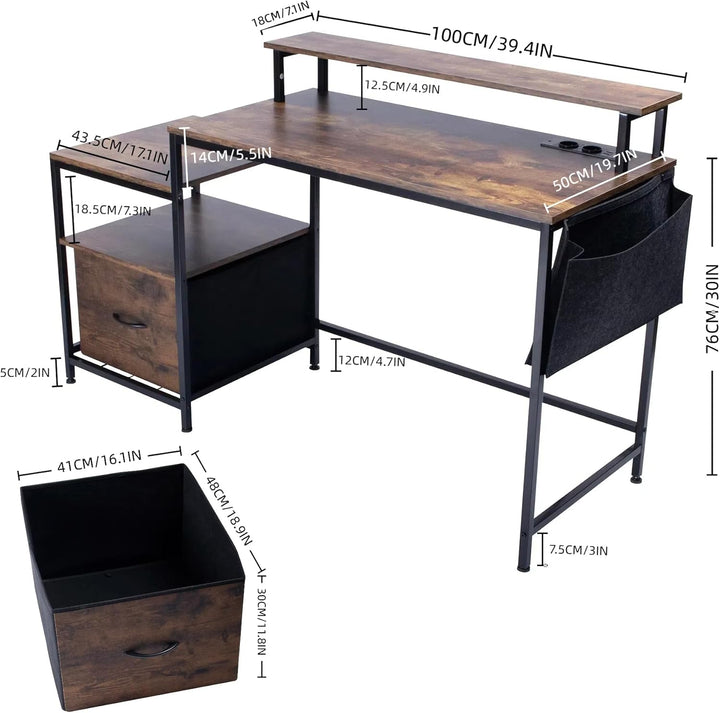 Bureau informatique industriel FurnitureR, avec éclairage LED intégré, poste de travail comprenant 1 porte-documents noir non tissé et 1 tiroir, 2 prises de courant + 2 ports USB, rangements et gestion des câbles inclus, L 143,5 cm 