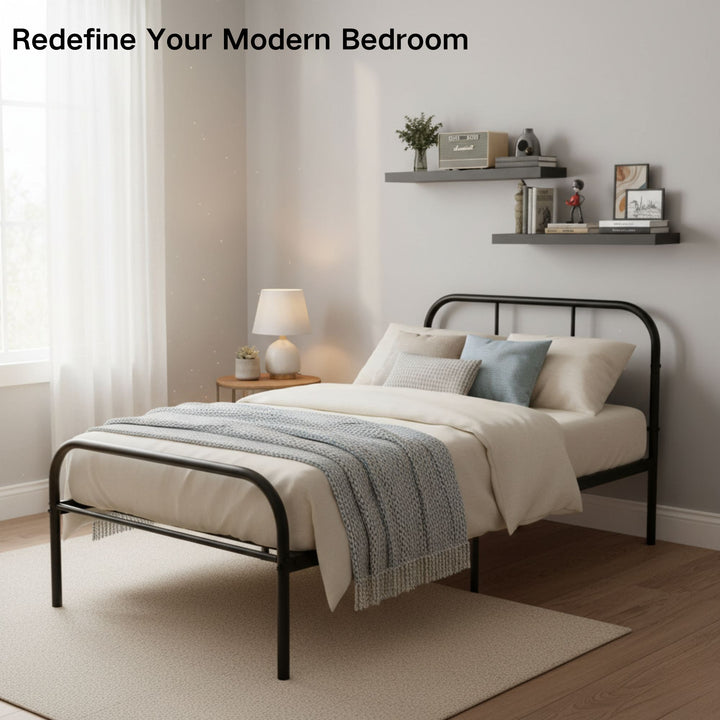 FurnitureR Metal Single Bed Frame with 2 Floating Wall Shelves Nightstands, Heavy-Duty Steel Platform Bed with Underbed Storage,Minimalist Bedroom Set