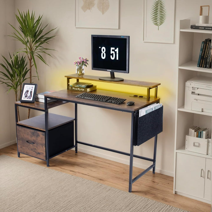 Bureau informatique industriel FurnitureR, avec éclairage LED intégré, poste de travail comprenant 1 porte-documents noir non tissé et 1 tiroir, 2 prises de courant + 2 ports USB, rangements et gestion des câbles inclus, L 143,5 cm 