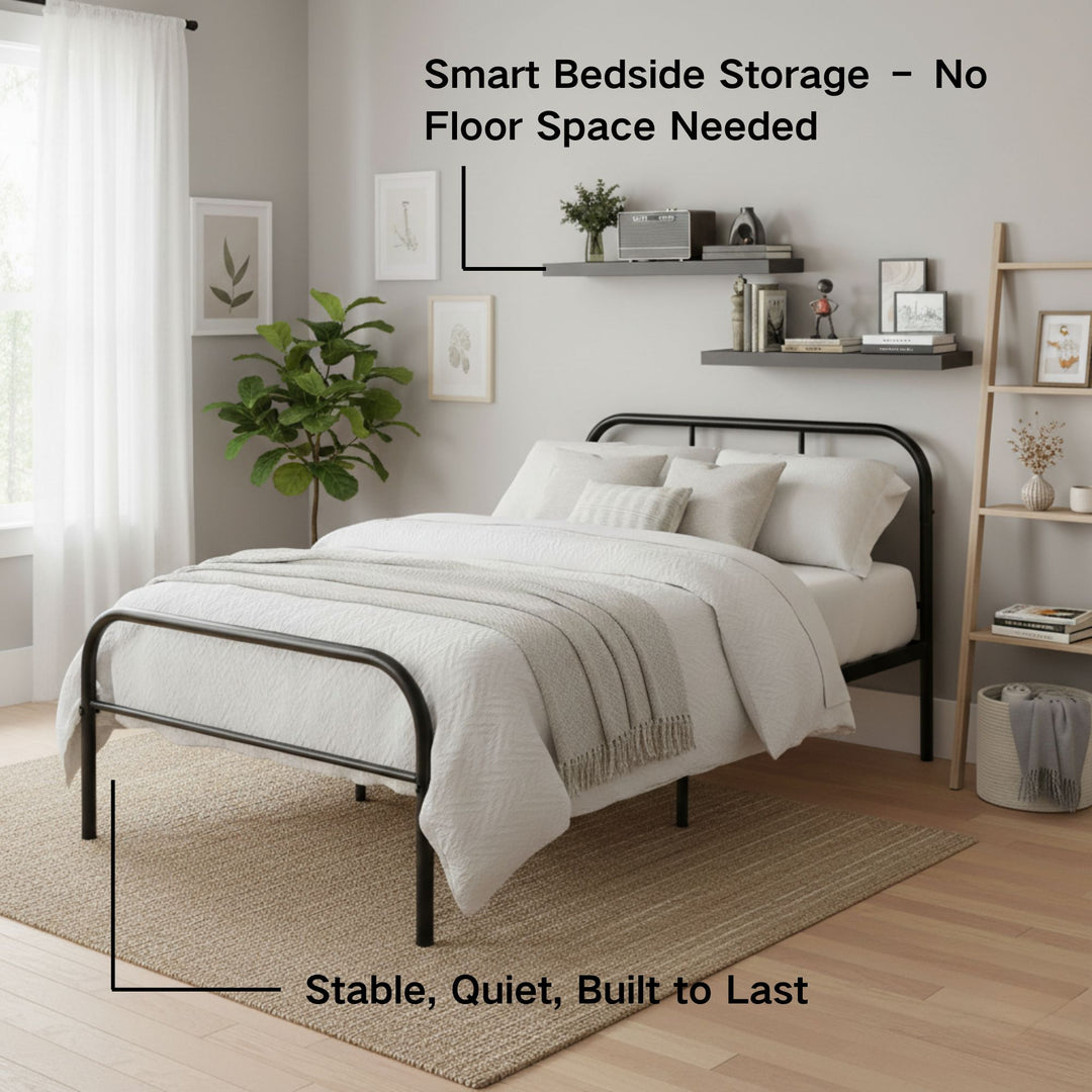 FurnitureR Metal Single Bed Frame with 2 Floating Wall Shelves Nightstands, Heavy-Duty Steel Platform Bed with Underbed Storage,Minimalist Bedroom Set