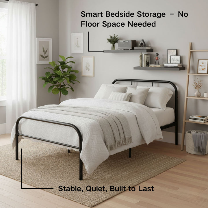 FurnitureR Metal Single Bed Frame with 2 Floating Wall Shelves Nightstands, Heavy-Duty Steel Platform Bed with Underbed Storage,Minimalist Bedroom Set
