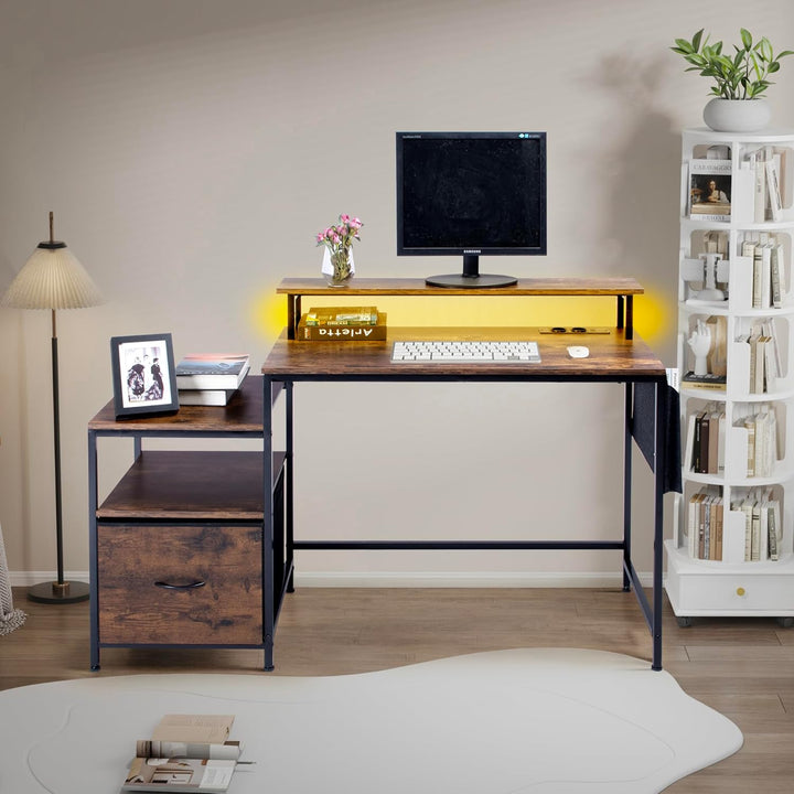 Bureau informatique industriel FurnitureR, avec éclairage LED intégré, poste de travail comprenant 1 porte-documents noir non tissé et 1 tiroir, 2 prises de courant + 2 ports USB, rangements et gestion des câbles inclus, L 143,5 cm 