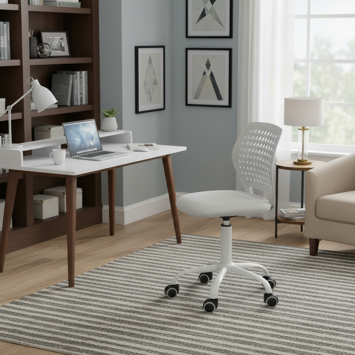 Chaise de bureau sans accoudoirs FurnitureR avec roulettes, compacte, pivotante et réglable en hauteur, idéale pour étudier ou travailler sur ordinateur. Dossier respirant, gris.