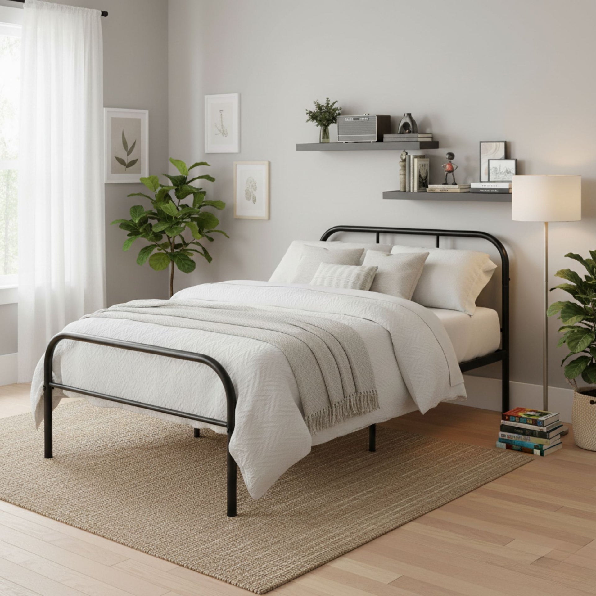 FurnitureR – Cadre de lit simple en métal avec 2 étagères murales flottantes et tables de chevet, lit plateforme en acier robuste avec rangement sous le lit, ensemble de chambre minimaliste