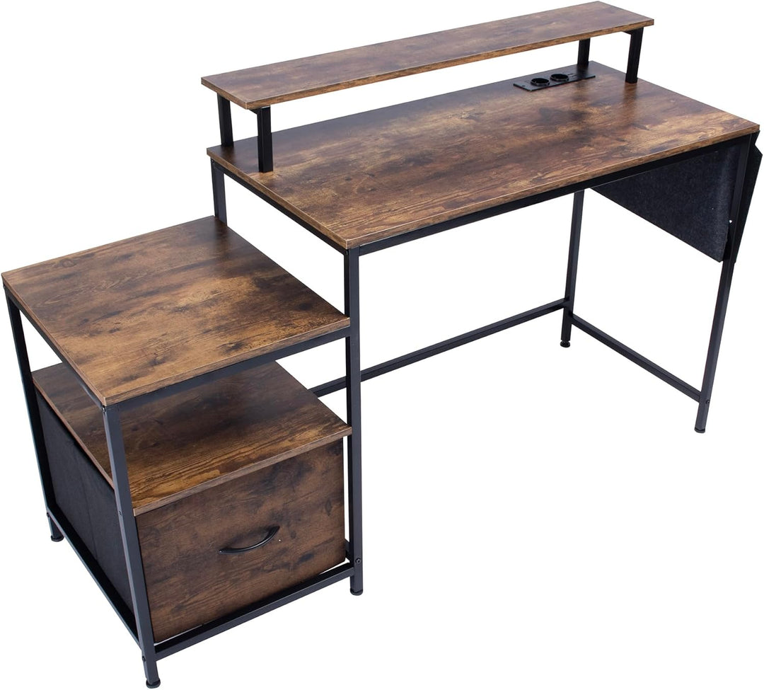 Bureau informatique industriel FurnitureR, avec éclairage LED intégré, poste de travail comprenant 1 porte-documents noir non tissé et 1 tiroir, 2 prises de courant + 2 ports USB, rangements et gestion des câbles inclus, L 143,5 cm 