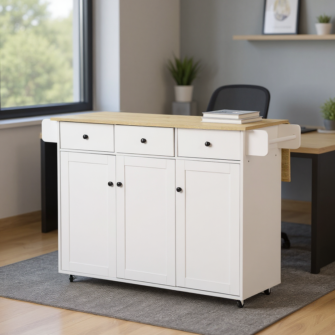 Chariot de cuisine mobile FurnitureR avec abattant rabattable, meuble de rangement de cuisine sur roulettes de 115 cm de large, table de préparation roulante gain de place, blanc