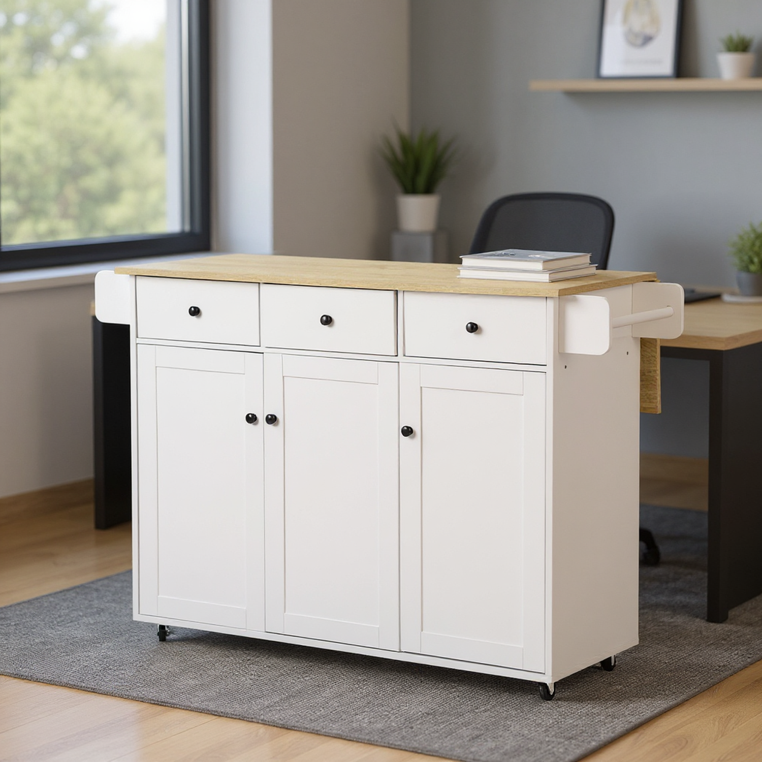 Chariot de cuisine mobile FurnitureR avec abattant rabattable, meuble de rangement de cuisine sur roulettes de 115 cm de large, table de préparation roulante gain de place, blanc