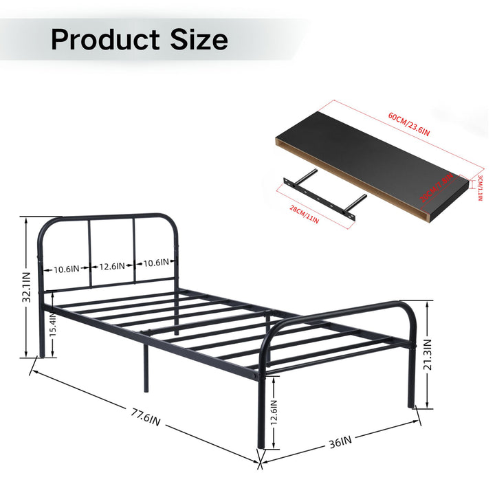 FurnitureR Metal Single Bed Frame with 2 Floating Wall Shelves Nightstands, Heavy-Duty Steel Platform Bed with Underbed Storage,Minimalist Bedroom Set
