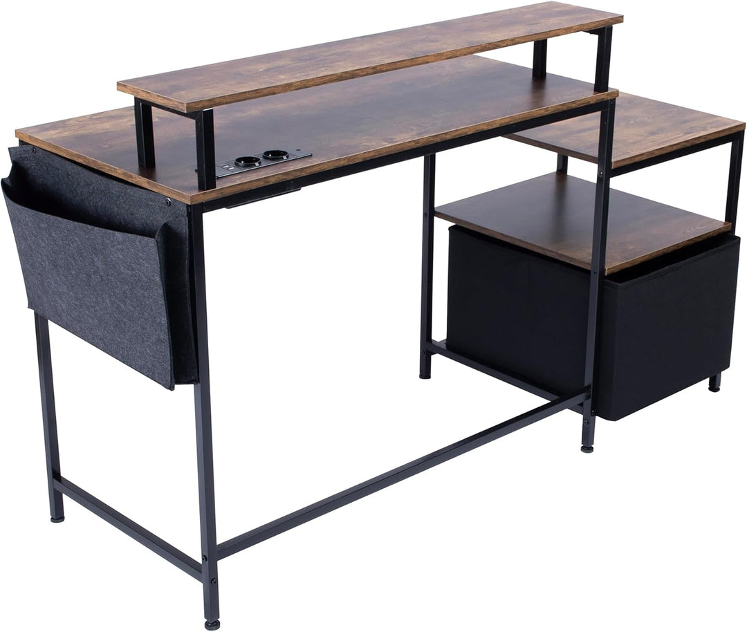 Bureau informatique industriel FurnitureR, avec éclairage LED intégré, poste de travail comprenant 1 porte-documents noir non tissé et 1 tiroir, 2 prises de courant + 2 ports USB, rangements et gestion des câbles inclus, L 143,5 cm 