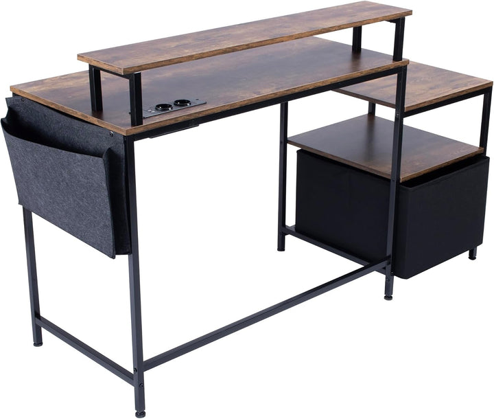 Bureau informatique industriel FurnitureR, avec éclairage LED intégré, poste de travail comprenant 1 porte-documents noir non tissé et 1 tiroir, 2 prises de courant + 2 ports USB, rangements et gestion des câbles inclus, L 143,5 cm 