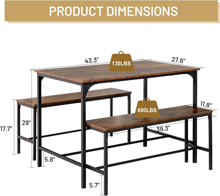 Ensemble de salle à manger 3 pièces FurnitureR avec 2 bancs, gain de place pour la cuisine et la salle à manger, idéal pour la maison ou le restaurant, structure en métal et plateau en MDF, marron