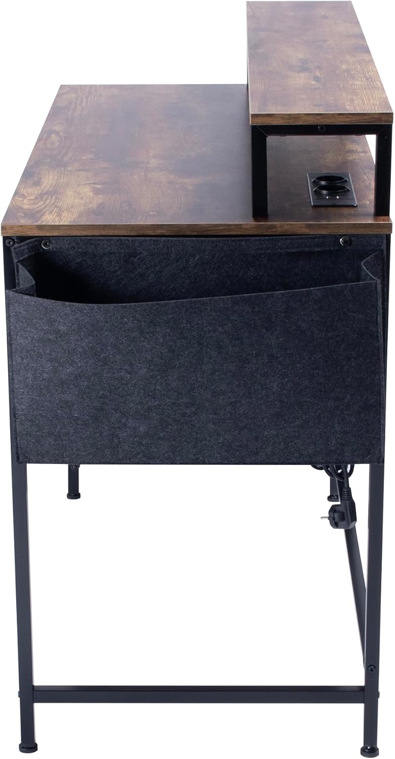 Bureau informatique industriel FurnitureR, avec éclairage LED intégré, poste de travail comprenant 1 porte-documents noir non tissé et 1 tiroir, 2 prises de courant + 2 ports USB, rangements et gestion des câbles inclus, L 143,5 cm 