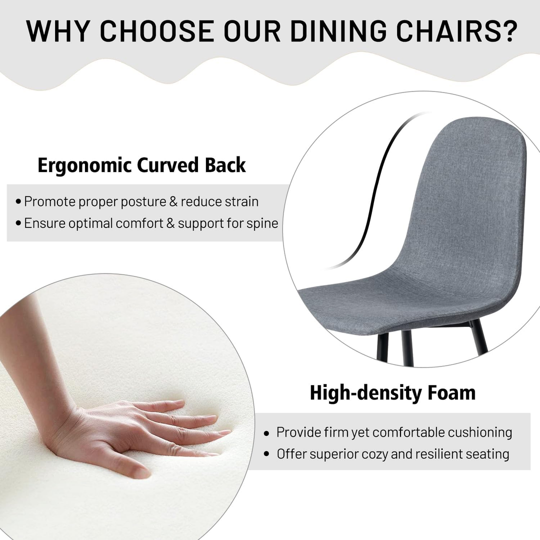 FurnitureR Dining Chairs Set of 4, Fabric Comfy Seat Armless Side Chairs with Metal Legs Mid Century for Home Kitchen Reception Room, Slubbed Grey