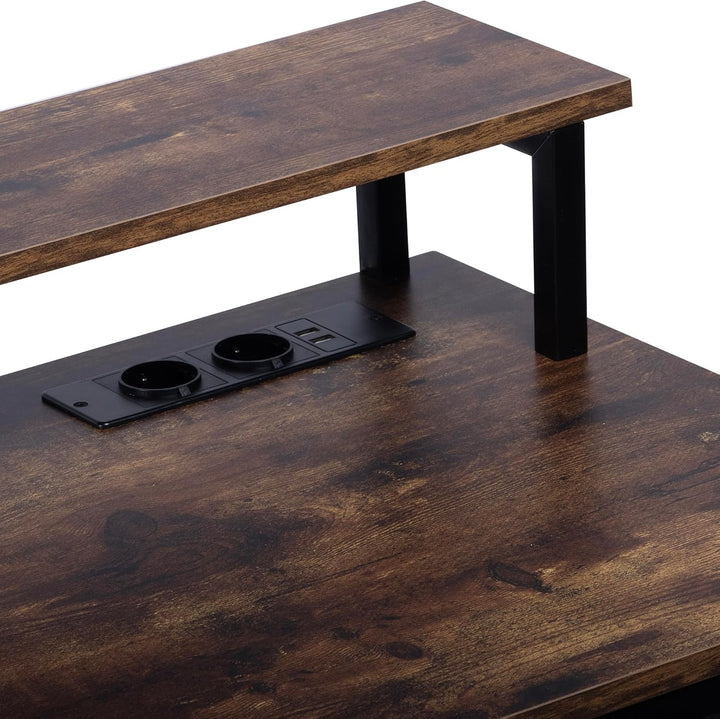 Bureau informatique industriel FurnitureR, avec éclairage LED intégré, poste de travail comprenant 1 porte-documents noir non tissé et 1 tiroir, 2 prises de courant + 2 ports USB, rangements et gestion des câbles inclus, L 143,5 cm 